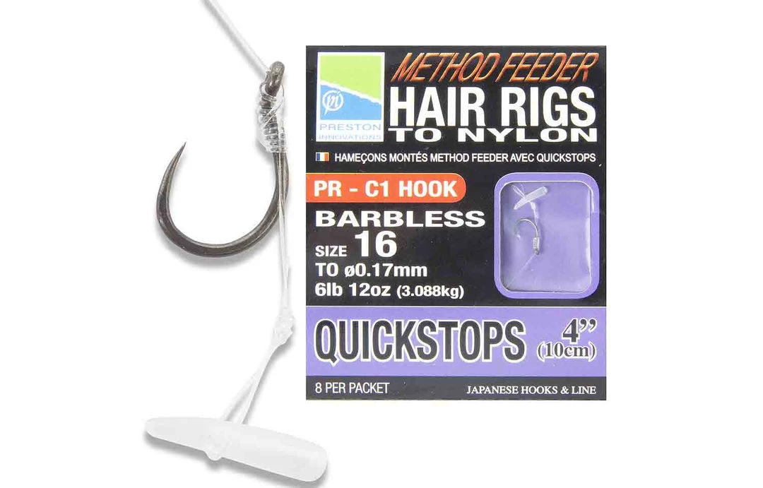 PRESTON INNOVATIONS- METHOD FEEDERS BARBLESS QUICKSTOPS HAIR RIGS TO NYLON MATCH/PLEASURE 1 PRESTON INNOVATIONS- METHOD FEEDERS BARBLESS QUICKSTOPS HAIR RIGS TO NYLON MATCH/PLEASURE